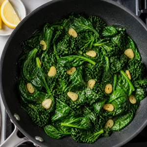 Sautéed greens with garlic in a skillet and lemon nearby