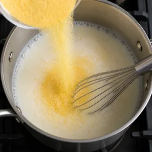 Yellow cornmeal being whisked into simmering milk and water
