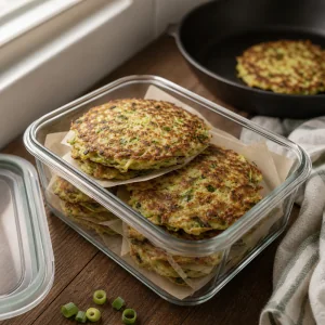 Leftover cabbage zucchini pancakes stored in a glass container