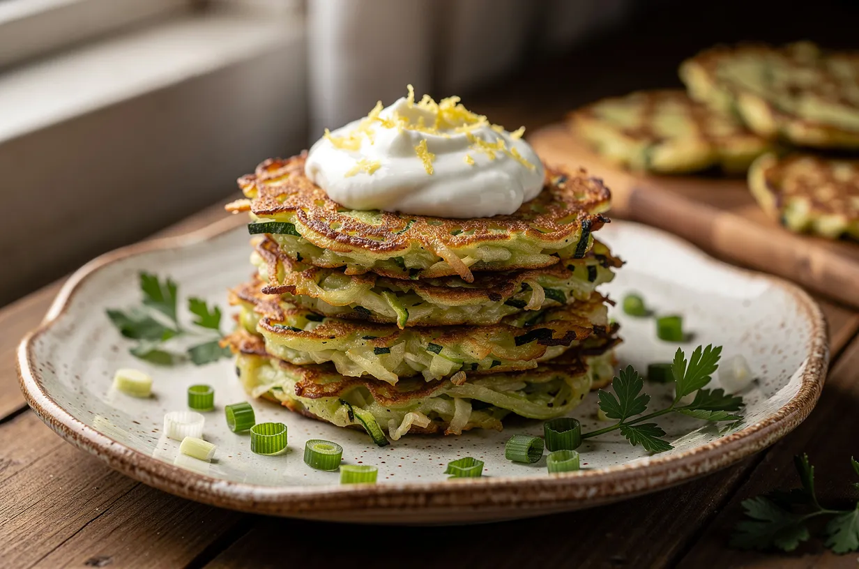 Savory Cabbage and Zucchini Pancakes with Yogurt & Herbs