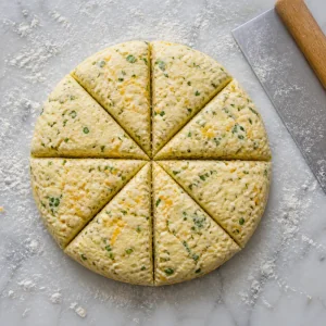 Cheddar herb scone dough cut into eight wedges