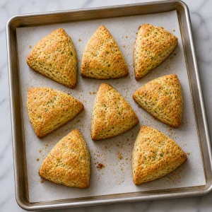 Eight baked cheddar herb scones cooling on a pan