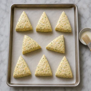 Eight unbaked cheddar herb scone wedges on a baking sheet