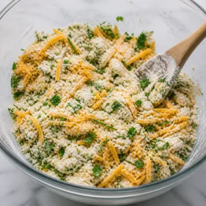 Grated cheddar and herbs mixed into the flour mixture