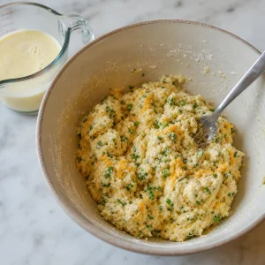 Shaggy cheddar herb scone dough in a mixing bowl