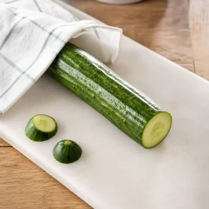 Pepino ingles fresco lavado, secado y recortado sobre una tabla