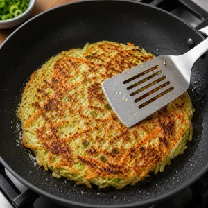 A flipped cabbage pancake pressed gently with a wide spatula until both sides are crisp.