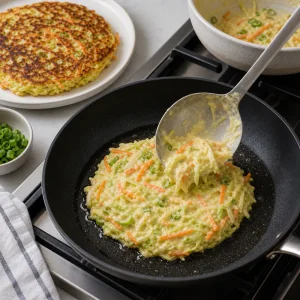 A second cabbage pancake being formed in the skillet while the first cooked pancake rests nearby.