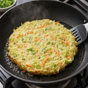 A thick round cabbage pancake cooking in a skillet until the bottom turns golden brown.