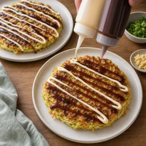 Cooked cabbage pancakes drizzled with okonomiyaki sauce and Japanese mayo in zigzag lines.