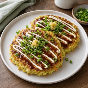 Finished Japanese cabbage pancakes garnished with sliced green onions and served hot.