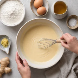 Flour, eggs, dashi, salt, and grated ginger whisked into a smooth batter for cabbage pancakes.