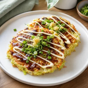 Golden Japanese cabbage pancakes with okonomiyaki sauce, mayo, green onions, and grated ginger.