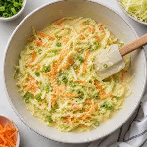 Shredded cabbage, carrots, and green onions folded into the pancake batter until evenly coated.