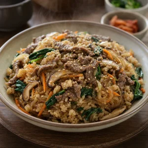 Japchae fried rice with glass noodles, beef, vegetables, and sesame seeds in a bowl