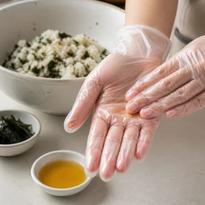 Disposable gloves lightly coated with sesame oil before shaping rice balls.