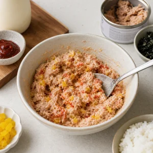 Drained tuna mixed with mayonnaise, chili sauce, and minced pickled radish.