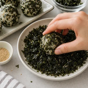 Finished rice ball rolled in roasted seaweed flakes for a crunchy coating.