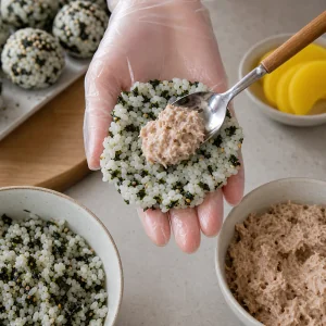 Flattened seasoned rice in a gloved palm filled with creamy tuna mixture.