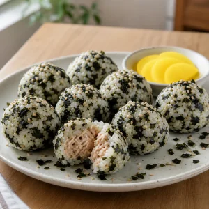 Korean tuna and seaweed rice balls served with yellow pickled radish.