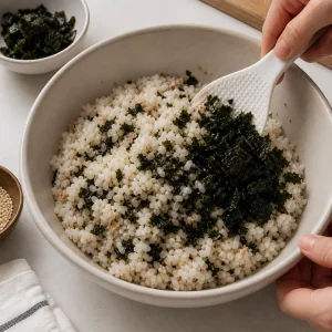 Roasted seaweed flakes folded into the seasoned rice mixture.