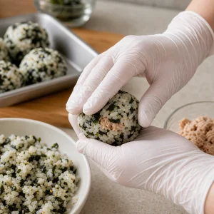 Seasoned rice folded around tuna filling and shaped into a tight round ball.