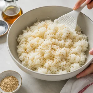 Sesame oil, toasted sesame seeds, and salt folded into warm rice.