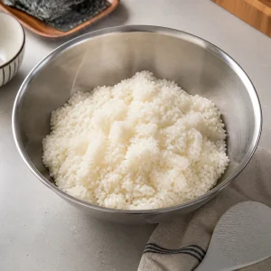 Warm short-grain rice placed in a large mixing bowl for jumeokbap.