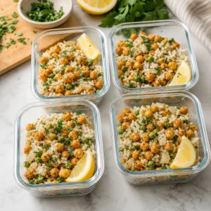 Chickpea rice divided into four lunch containers