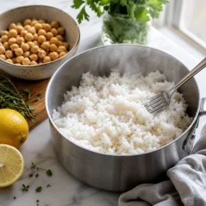 Cooked white rice fluffed with a fork
