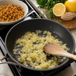 Diced onion sauteing in the skillet
