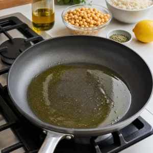 Olive oil heating in a skillet