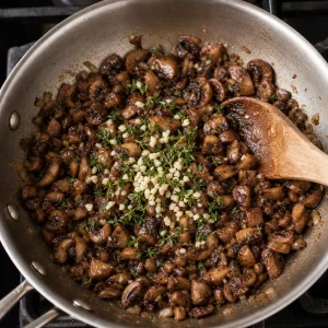 Minced garlic and fresh thyme stirred into the browned mushroom mixture.