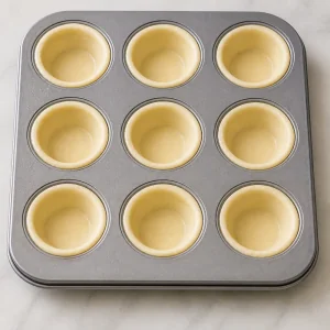 Raw puff pastry circles pressed into mini muffin tin cups.