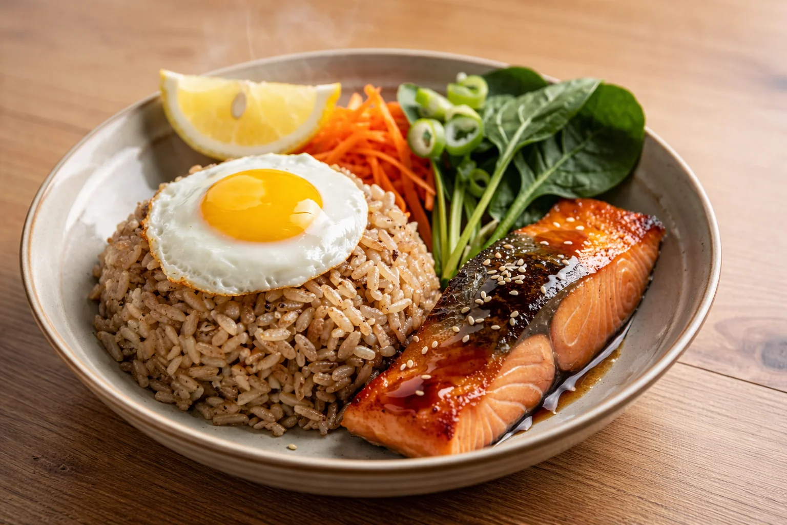 Savory Miso Salmon Breakfast Bowl with Brown Rice and Greens