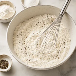 Flour mixture with pepper being whisked in a bowl