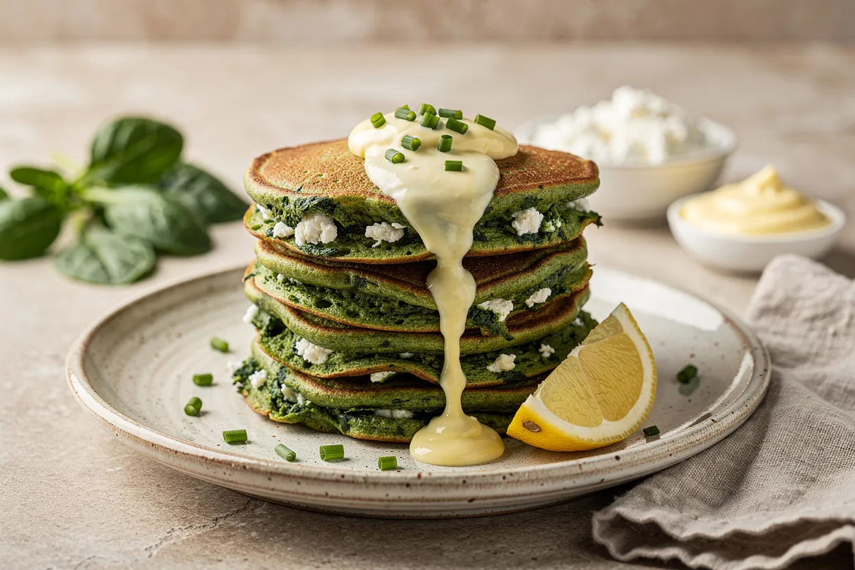 Savory Spinach and Ricotta Pancakes with Lemon Yogurt