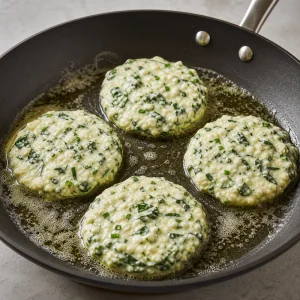 Spinach pancake batter portions on a buttered skillet