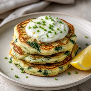 Stacked spinach ricotta pancakes with lemon yogurt