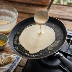 버터 두른 팬에 얇게 퍼지는 크레페 반죽