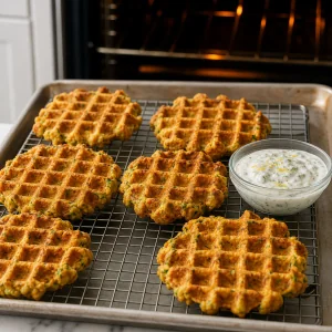 Waffles de legumes dourados sobre uma grelha com molho de iogurte