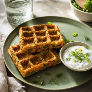 Herzhafte Zucchini-Karotten-Waffeln mit Cheddar und Kräuterjoghurt