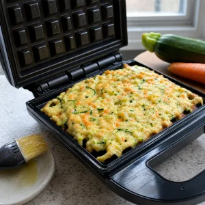 Massa de legumes e cheddar a cozinhar na máquina de waffles