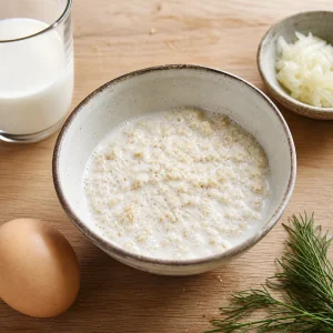 Breadcrumbs soaking in milk with egg, grated onion and fresh dill nearby