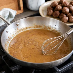 Browned skillet sauce being whisked smooth with beef broth