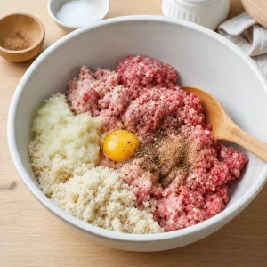Ground beef and pork mixed with breadcrumbs, onion, egg and warm spices