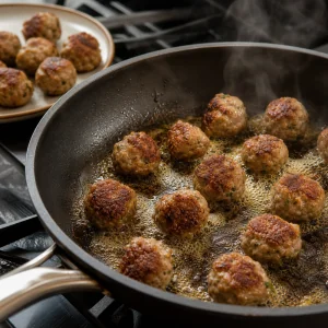 Meatballs browning in butter and olive oil in a skillet