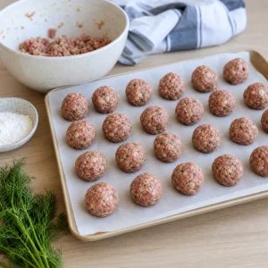 Raw Scandinavian meatballs shaped on a parchment-lined tray