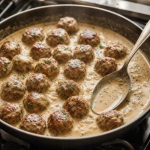 Scandinavian meatballs simmering in creamy dill sauce