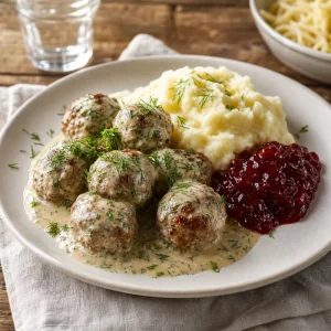 Scandinavian meatballs with dill cream sauce, mashed potatoes and lingonberry jam